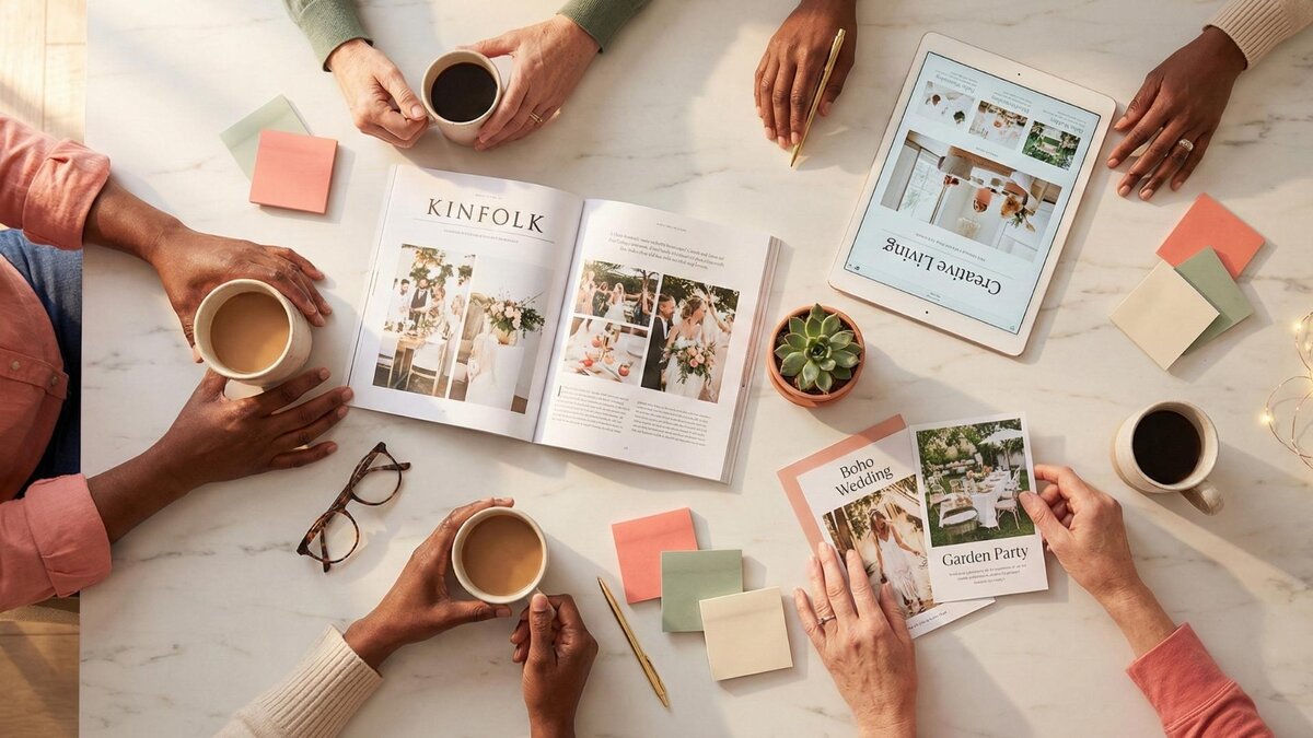 Espace créatif avec magazine et inspirations événementielles